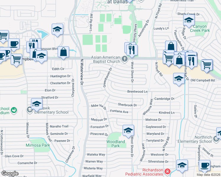 map of restaurants, bars, coffee shops, grocery stores, and more near 829 Brentwood Lane in Richardson