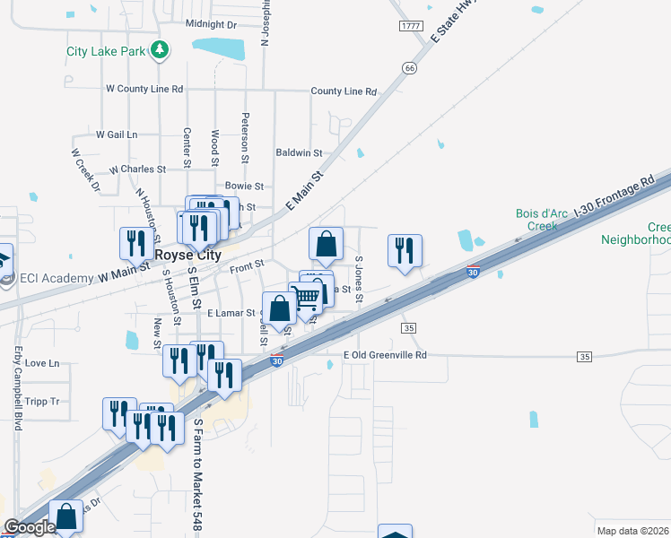 map of restaurants, bars, coffee shops, grocery stores, and more near 202 Lynn Street in Royse City