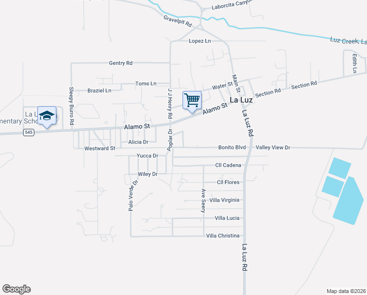 map of restaurants, bars, coffee shops, grocery stores, and more near Bonito Blvd in La Luz