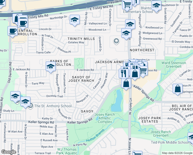 map of restaurants, bars, coffee shops, grocery stores, and more near 2124 Dover Drive in Carrollton