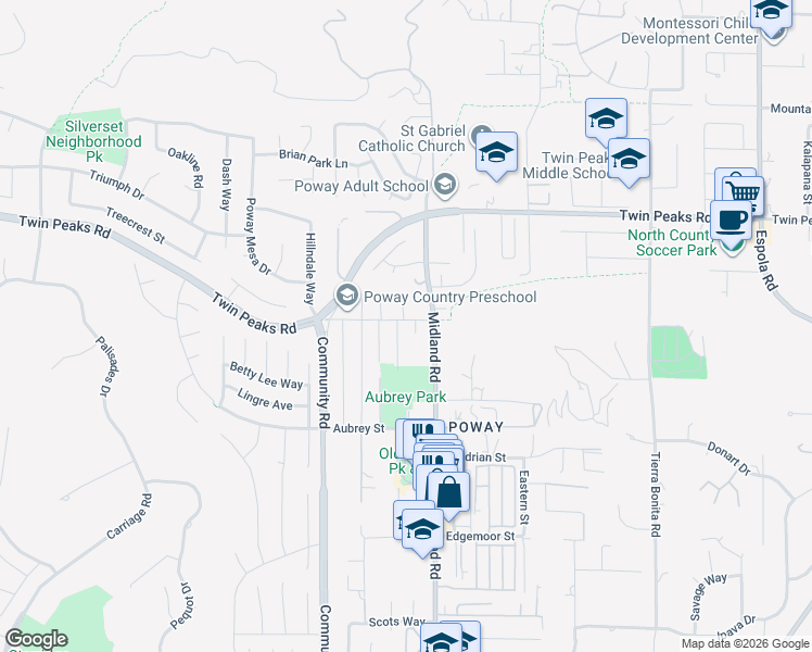 map of restaurants, bars, coffee shops, grocery stores, and more near 13551 Norwalk Street in Poway