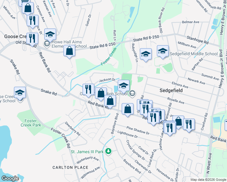 map of restaurants, bars, coffee shops, grocery stores, and more near 178 Buchanan Circle in Goose Creek