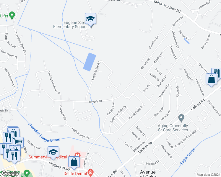 map of restaurants, bars, coffee shops, grocery stores, and more near 103 Bill Park Drive in Summerville