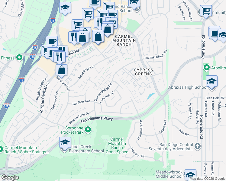 map of restaurants, bars, coffee shops, grocery stores, and more near 13988 Lewiston Street in San Diego