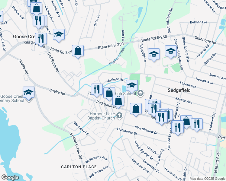 map of restaurants, bars, coffee shops, grocery stores, and more near 213 Buchanan Circle in Goose Creek