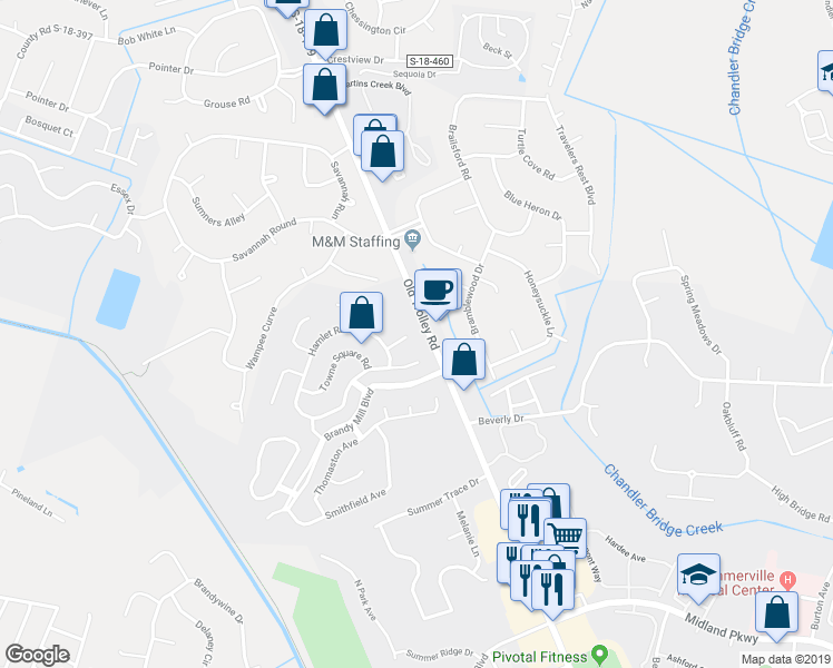 map of restaurants, bars, coffee shops, grocery stores, and more near 110 Chaff Court in Summerville