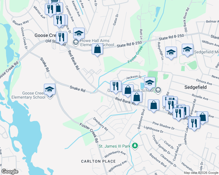 map of restaurants, bars, coffee shops, grocery stores, and more near 907 Red Bank Road in Goose Creek