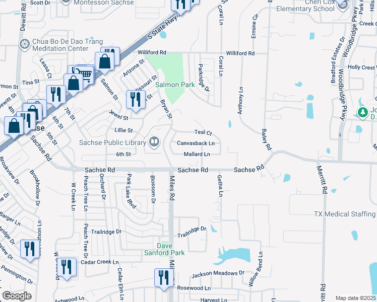 map of restaurants, bars, coffee shops, grocery stores, and more near 4412 Mallard Lane in Sachse