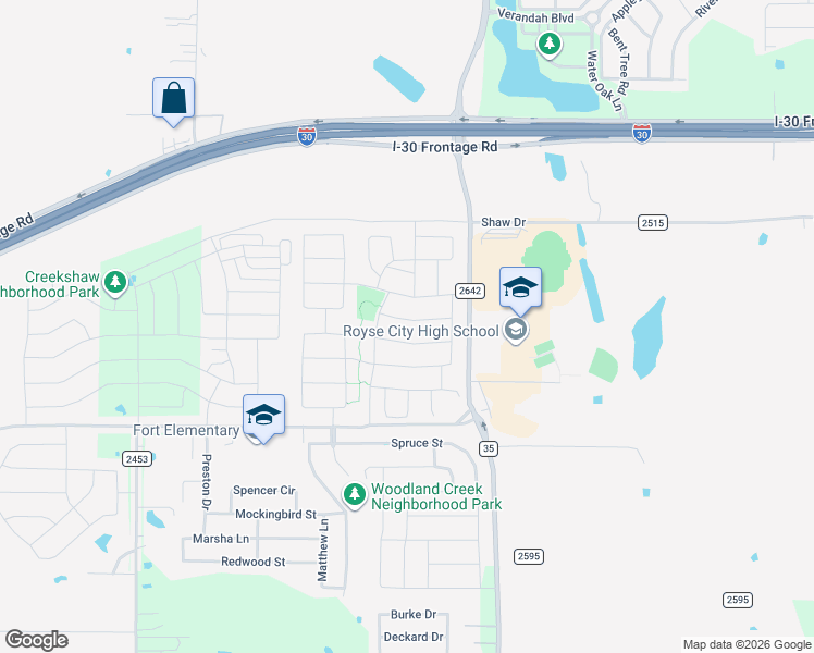 map of restaurants, bars, coffee shops, grocery stores, and more near 3145 Sunny Hill Way in Royse City