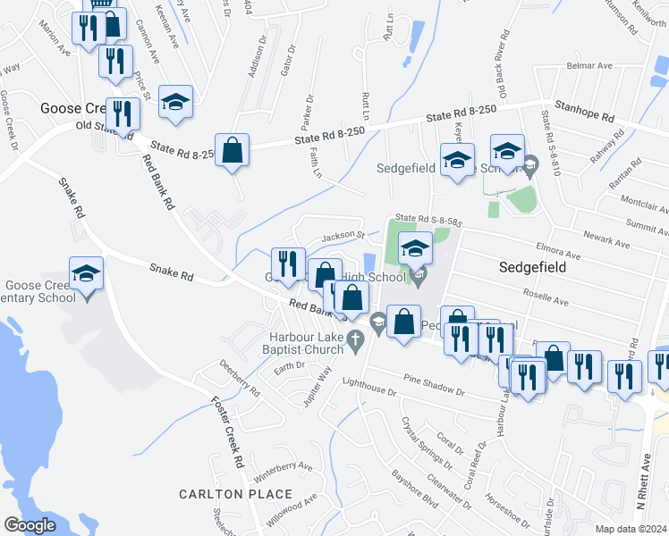 map of restaurants, bars, coffee shops, grocery stores, and more near 215 Buchanan Circle in Goose Creek