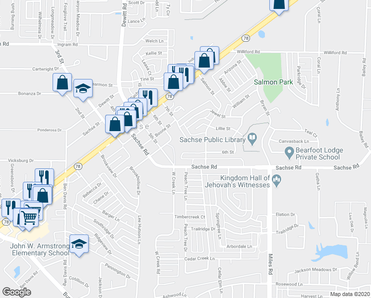 map of restaurants, bars, coffee shops, grocery stores, and more near 3605 6th Street in Sachse