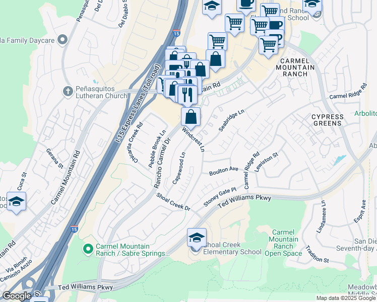 map of restaurants, bars, coffee shops, grocery stores, and more near 14147 Capewood Lane in San Diego