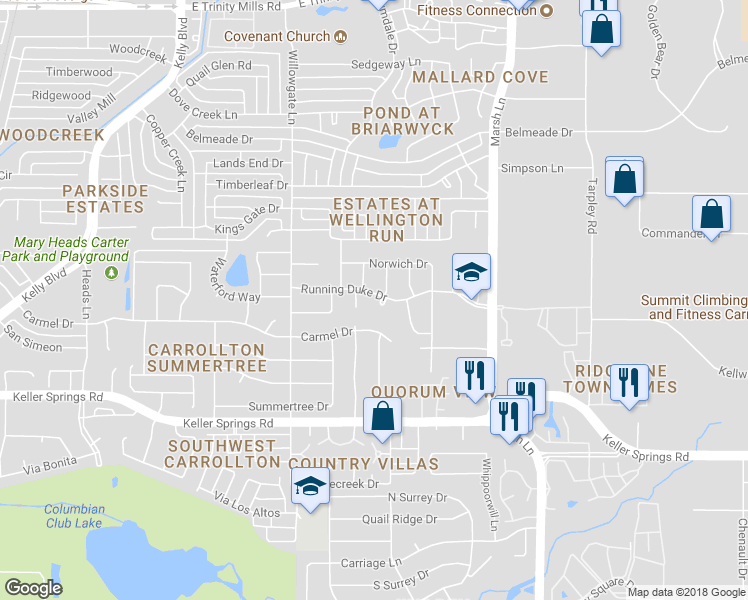 map of restaurants, bars, coffee shops, grocery stores, and more near 2305 Manchester Court in Carrollton