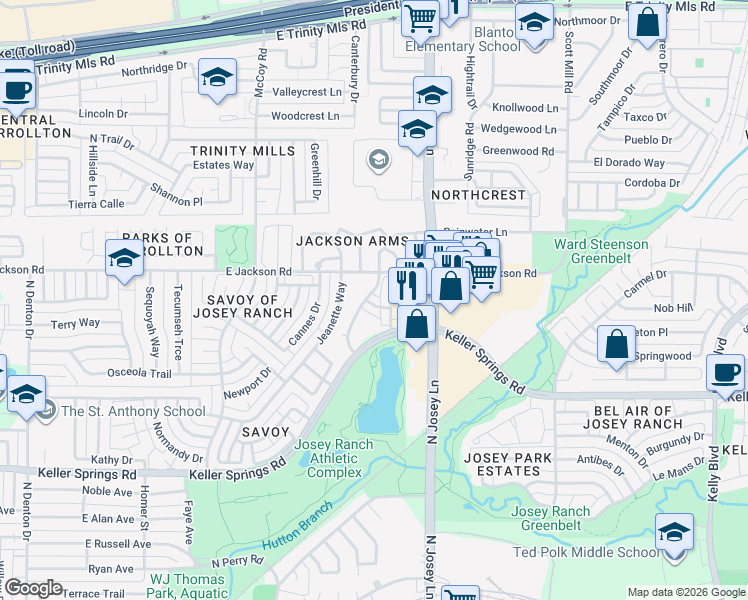 map of restaurants, bars, coffee shops, grocery stores, and more near 1805 English Lane in Carrollton