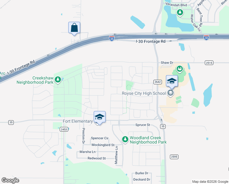 map of restaurants, bars, coffee shops, grocery stores, and more near 718 Warner Drive in Royse City