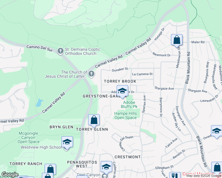 map of restaurants, bars, coffee shops, grocery stores, and more near 8528 Adobe Bluffs Drive in San Diego