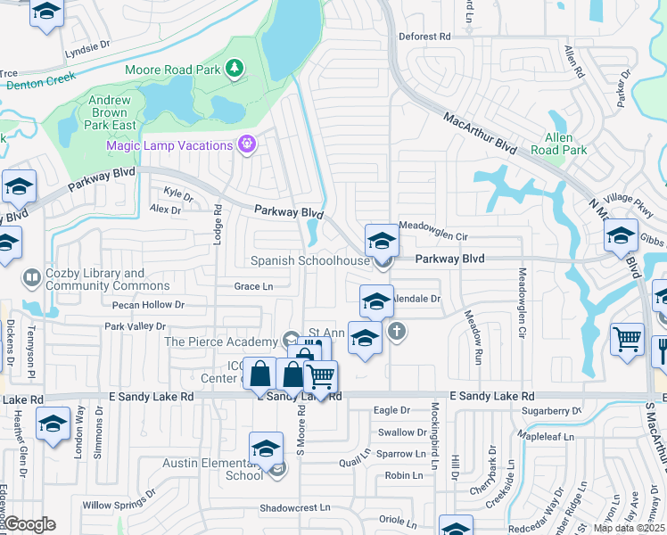 map of restaurants, bars, coffee shops, grocery stores, and more near 162 North Moore Road in Coppell