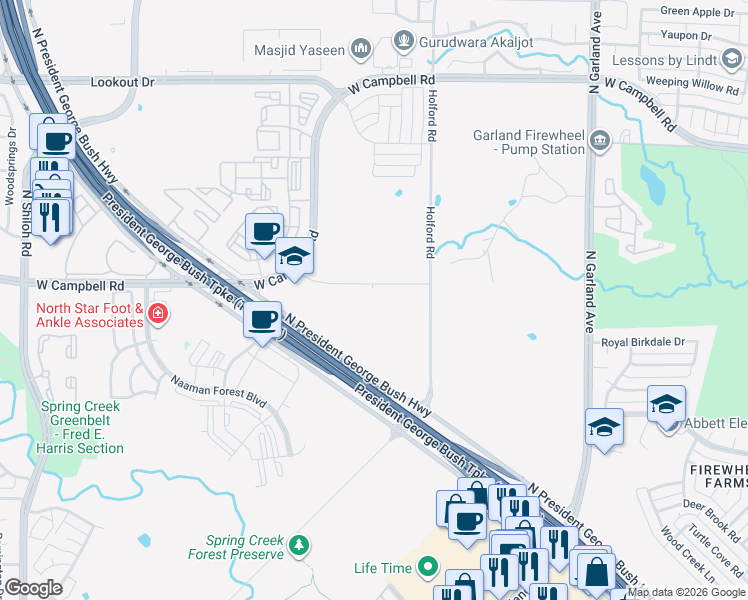 map of restaurants, bars, coffee shops, grocery stores, and more near 1505 Ferris Road in Garland