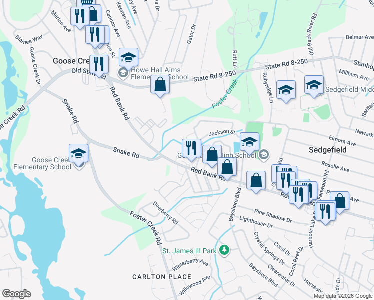 map of restaurants, bars, coffee shops, grocery stores, and more near 907 Red Bank Road in Goose Creek