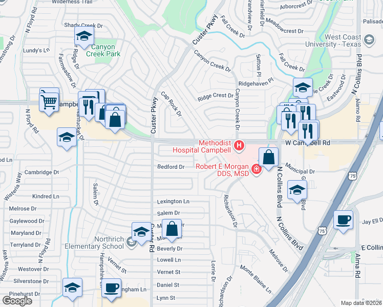 map of restaurants, bars, coffee shops, grocery stores, and more near 1906 Cap Rock Drive in Richardson