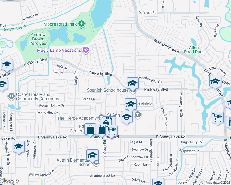 map of restaurants, bars, coffee shops, grocery stores, and more near 162 North Moore Road in Coppell