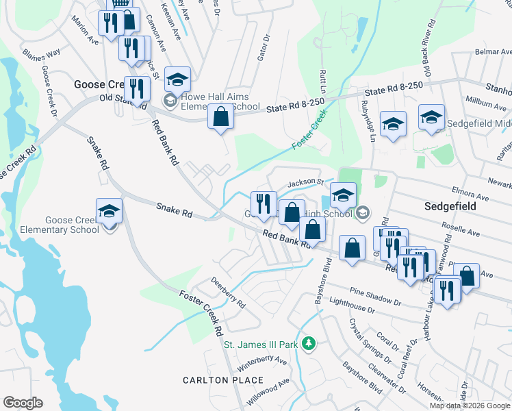 map of restaurants, bars, coffee shops, grocery stores, and more near 907 Red Bank Road in Goose Creek