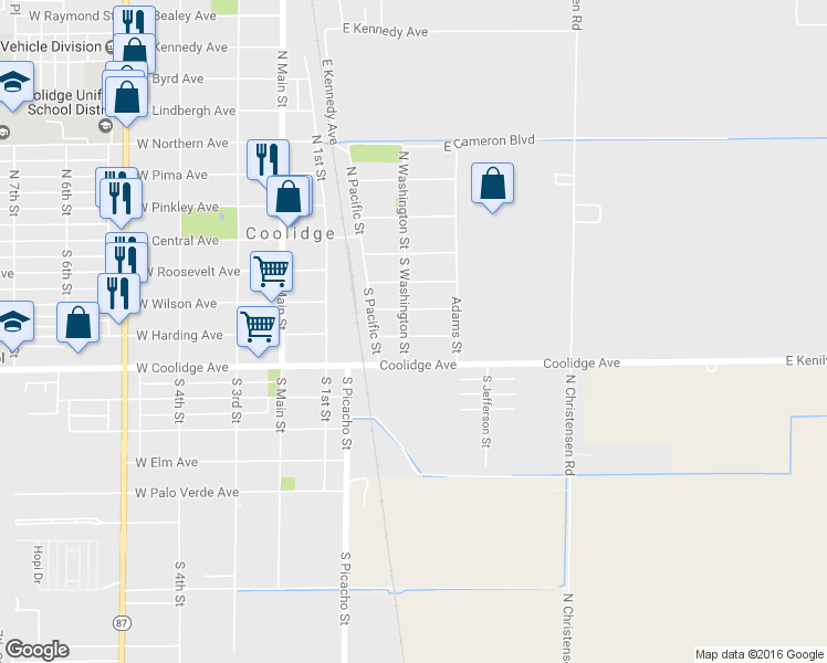 map of restaurants, bars, coffee shops, grocery stores, and more near 375 South Washington Street in Coolidge