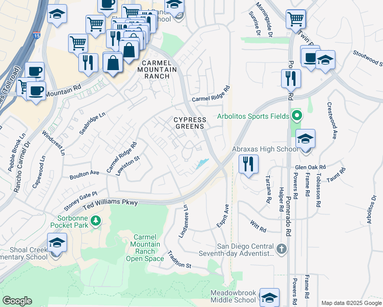 map of restaurants, bars, coffee shops, grocery stores, and more near 12061 Tivoli Park Row in San Diego