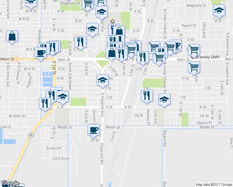 map of restaurants, bars, coffee shops, grocery stores, and more near 452 South 5th Street in Brawley
