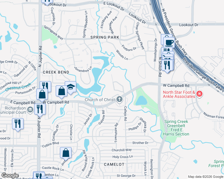 map of restaurants, bars, coffee shops, grocery stores, and more near 6602 Rutledge Court in Garland