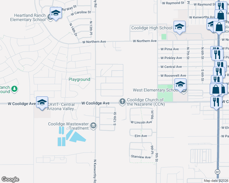 map of restaurants, bars, coffee shops, grocery stores, and more near 1226 West Harding Avenue in Coolidge