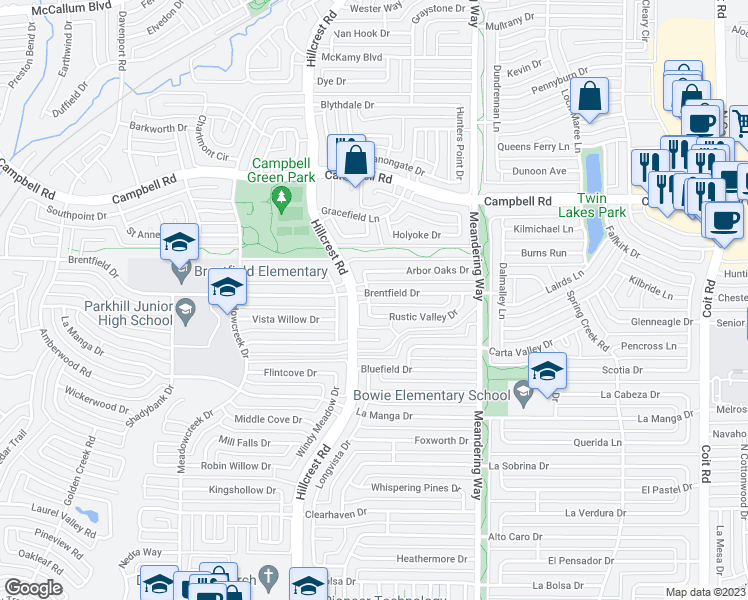 map of restaurants, bars, coffee shops, grocery stores, and more near 7202 Brentfield Dr in Dallas