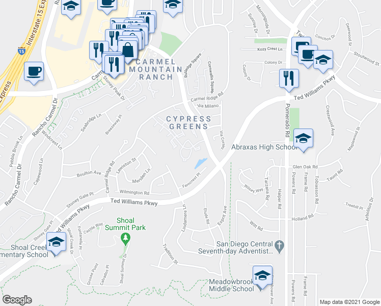 map of restaurants, bars, coffee shops, grocery stores, and more near 12047 Tivoli Park Row in San Diego