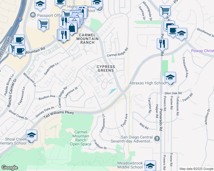 map of restaurants, bars, coffee shops, grocery stores, and more near 12053 Tivoli Park Row in San Diego