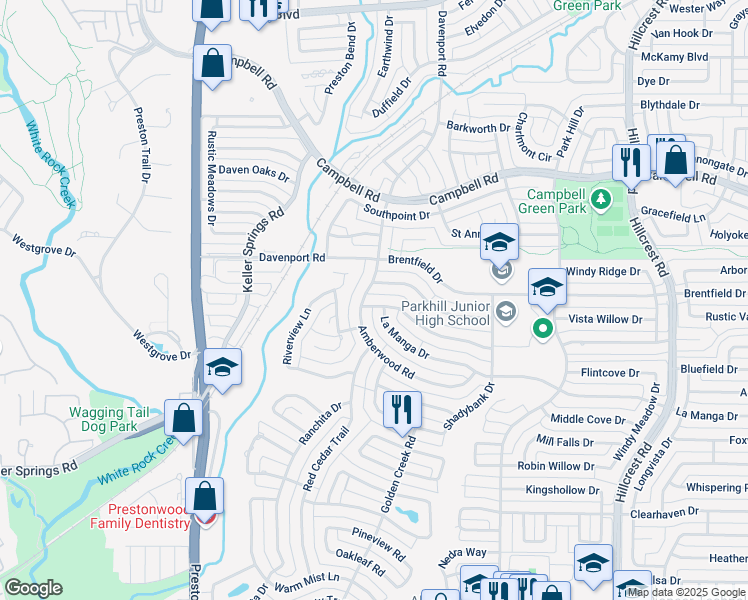 map of restaurants, bars, coffee shops, grocery stores, and more near 6409 Embers Road in Dallas