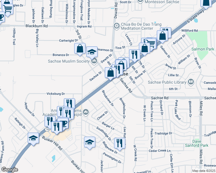 map of restaurants, bars, coffee shops, grocery stores, and more near 5708 Texas 78 in Sachse