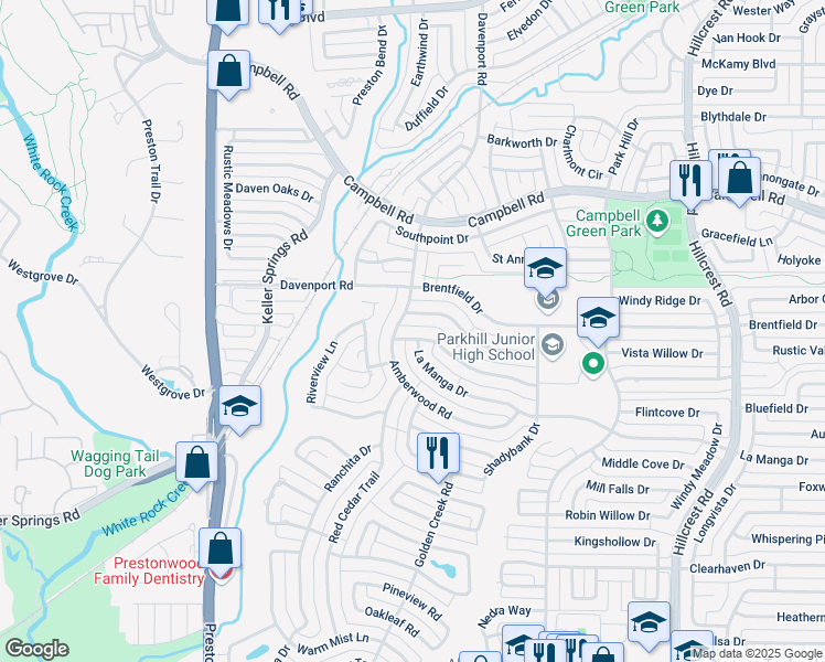 map of restaurants, bars, coffee shops, grocery stores, and more near 6409 Embers Road in Dallas