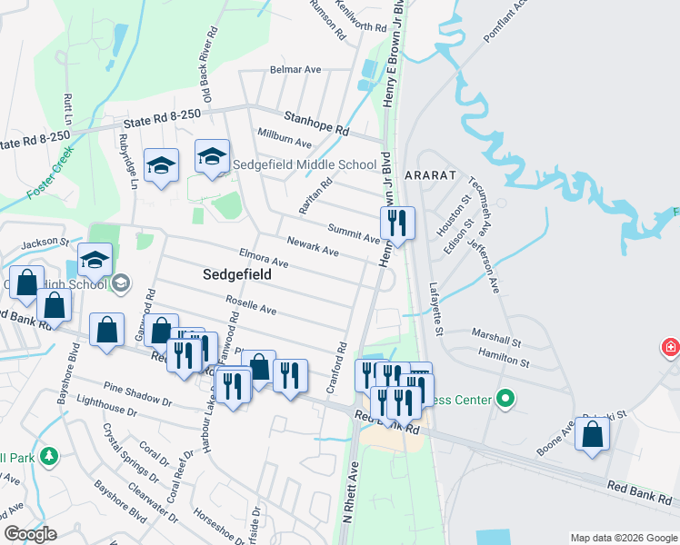 map of restaurants, bars, coffee shops, grocery stores, and more near 4 Elmora Avenue in Goose Creek