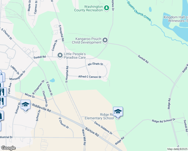map of restaurants, bars, coffee shops, grocery stores, and more near 707 Alfred C Carson Street in Sandersville