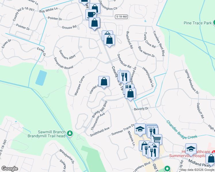 map of restaurants, bars, coffee shops, grocery stores, and more near 100 New Spring Court in Summerville