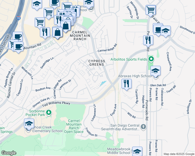 map of restaurants, bars, coffee shops, grocery stores, and more near 12053 Tivoli Park Row in San Diego
