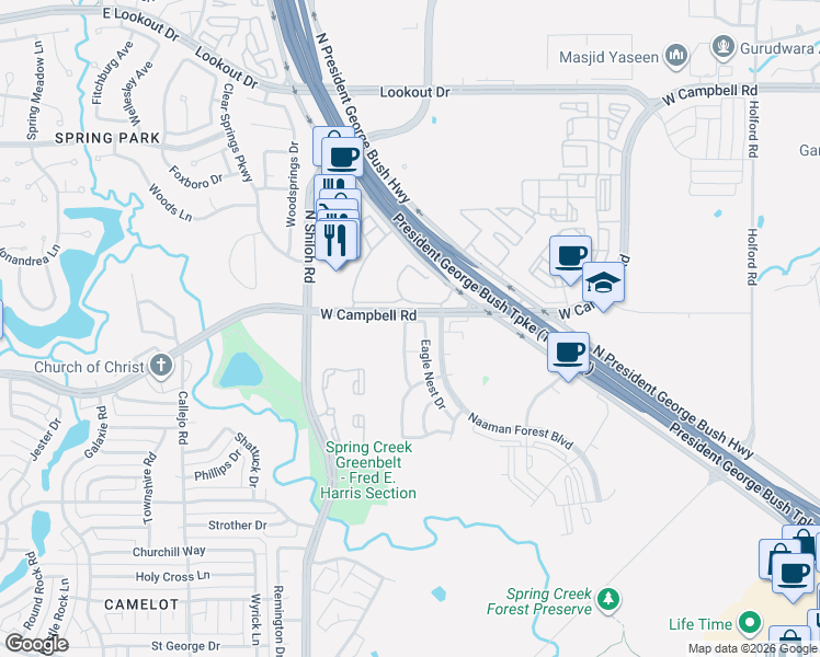 map of restaurants, bars, coffee shops, grocery stores, and more near 6602 Wildlife Trail in Garland