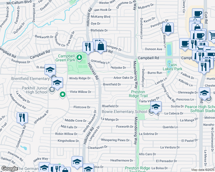 map of restaurants, bars, coffee shops, grocery stores, and more near 7202 Brentfield Drive in Dallas