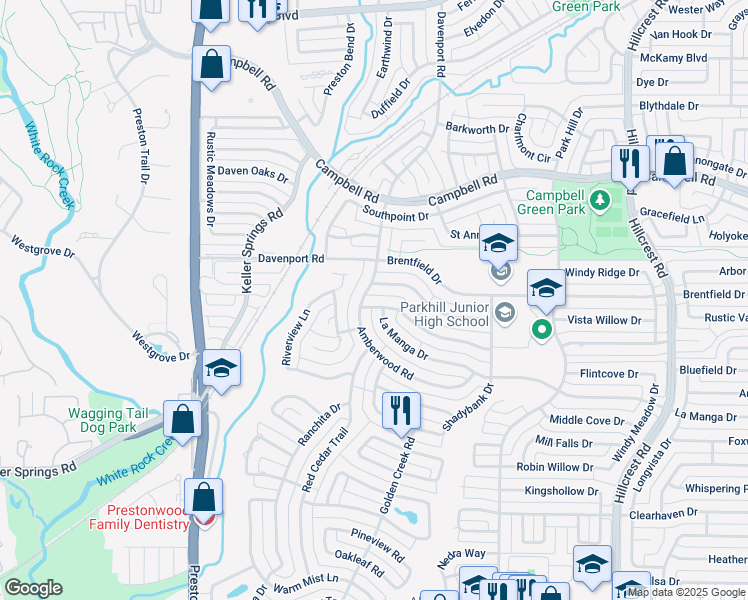map of restaurants, bars, coffee shops, grocery stores, and more near 6409 Embers Road in Dallas