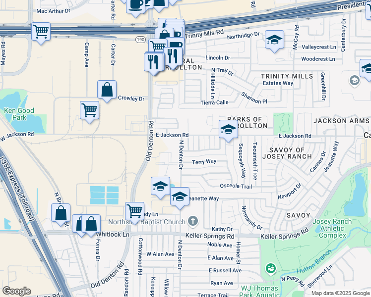 map of restaurants, bars, coffee shops, grocery stores, and more near 2121 North Denton Drive in Carrollton