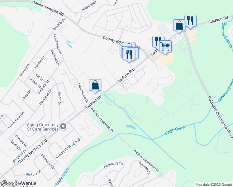 map of restaurants, bars, coffee shops, grocery stores, and more near 3 Ladson Road in Ladson