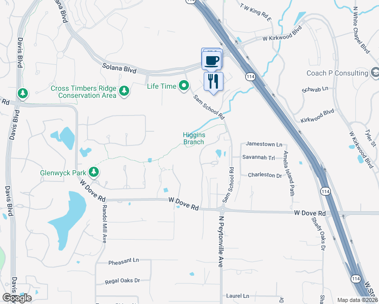 map of restaurants, bars, coffee shops, grocery stores, and more near 1380 West Dove Road in Westlake