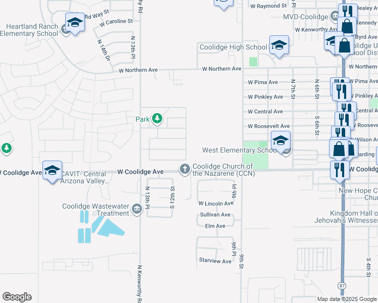 map of restaurants, bars, coffee shops, grocery stores, and more near 315 South Carter Ranch Road in Coolidge