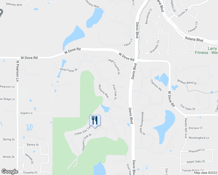map of restaurants, bars, coffee shops, grocery stores, and more near 2002 Scissortail Place in Westlake