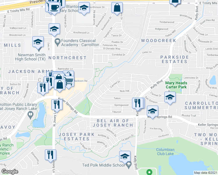 map of restaurants, bars, coffee shops, grocery stores, and more near 2155a Carmel Drive in Carrollton